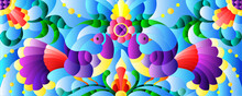 Stained Glass Illustration With A Bright Abstract Birds On A Background Of Leaves, Flowers And Blue Sky, Rectangular Image
