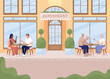 Having cozy dinner on restaurant terrace flat color vector illustration. Couples enjoying meals outside. Fully editable 2D simple cartoon characters with fancy exterior design on background