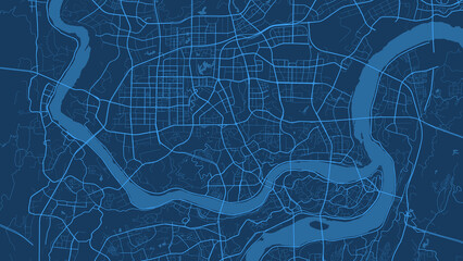 Dark blue Chongqing city area vector background map, roads and water illustration. Widescreen proportion, digital flat design.