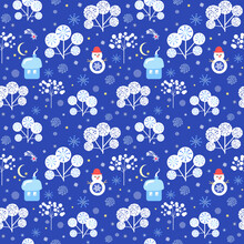 Winter Seamless Blue Wallpaper With Abstract Snowy Trees, Little Funny House, Paper Cutting Christmas Star, Crescent And Snowman. Flat Design
