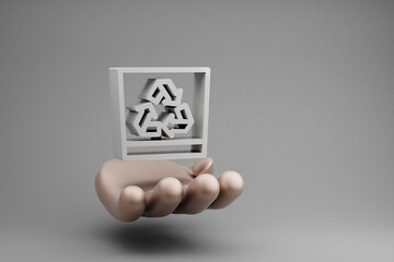 Aufkleber - Beautiful abstract illustrations Golden Hand Holding Recycle symbol icon on a gray background. 3d rendering illustration. Background pattern for design. Save Ecological..