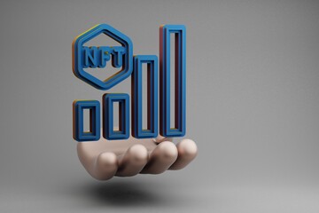 Leinwandbilder - Beautiful abstract illustrations Golden Hand Holding Blue NFT Bar Chart symbol icon on a gray background. 3d rendering illustration. Background pattern for design.