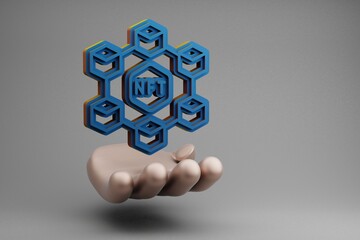 Aufkleber - Beautiful abstract illustrations Golden Hand Holding Blue NFT Social symbol icon on a gray background. 3d rendering illustration. Background pattern for design.