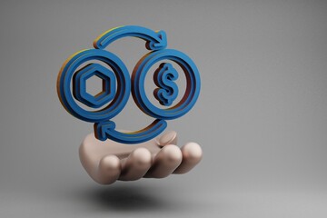 Aufkleber - Beautiful abstract illustrations Golden Hand Holding Blue NFT exchange for dollar symbol icon on a gray background. 3d rendering illustration. Background pattern for design.