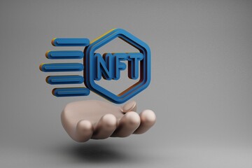 Aufkleber - Beautiful abstract illustrations Golden Hand Holding Blue NFT Token symbol icon on a gray background. 3d rendering illustration. Background pattern for design.