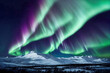  Northern Lights over lake. Aurora borealis with starry in the night sky. Fantastic Winter Epic Magical Landscape of snowy Mountains.