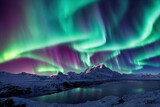 Fototapeta Tęcza -  Northern Lights over lake. Aurora borealis with starry in the night sky. Fantastic Winter Epic Magical Landscape of snowy Mountains.