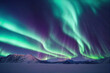  Northern Lights over lake. Aurora borealis with starry in the night sky. Fantastic Winter Epic Magical Landscape of snowy Mountains.