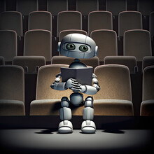 Cute Futuristic Robot Sitting Down On A Theater Reading A Book