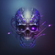 Human Skull With Colorful Purple Smoke Isolated On Clean Dark Background
