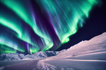 northern lights over lake. aurora borealis with starry in the night sky. fantastic winter epic magic