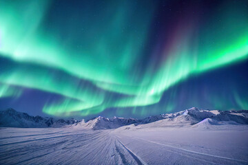 Wall Mural - northern lights over lake. aurora borealis with starry in the night sky. fantastic winter epic magic