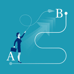 Businesswoman in suit standing in front of line between points A and B. Way from point A to point B on wall. Concept problems solutions. Vector illustration flat design. Isolated on background.