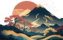 Minimalistic Mountain Landscape With Watercolor Gold Brush And Texture In Traditional Oriental, Japanese Style. Vector Illustration