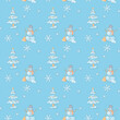 Seamless pattern with a snowman, Christmas tree and snowflakes on a blue background. Cute illustration for fabrics and wrapping paper in high quality in cartoon style