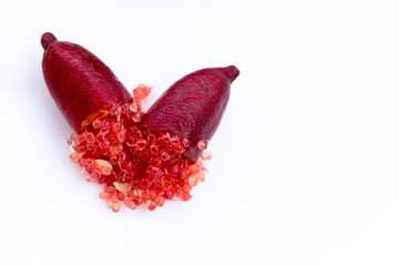 Finger lime or caviar lime of Australian cut in half, it is edible fruits used for cooking gourmet cuisine. Fresh Citrus australasica isolated on white background.