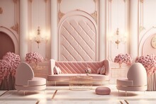 Luxurious Wedding Hall Session With Light Pink Color And Copper Partitions In Beautiful Color Harmony,copy Space. Generative AI Technology