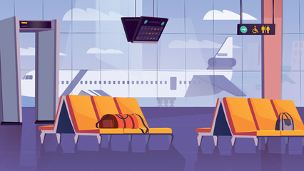 Wall Mural - Waiting hall at airport interior concept in flat cartoon design. Room with furniture and huge window with airplane view. Passenger seats, baggage, info signs, gate. Illustration background