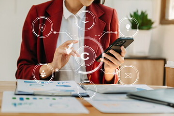Wall Mural - Copyright or patent concept, Person hand using laptop computer, tablet and smartphone with virtual screen copyright icon trademark, Creation ownership against piracy.