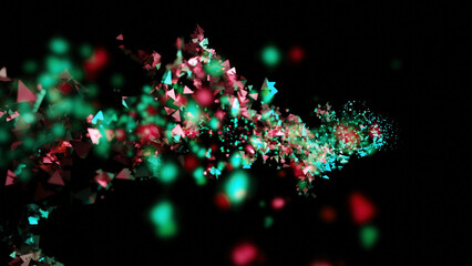Wall Mural - Colorful shimmering particles move in stream. Design. Stream of bright shining confetti on black background. Glitter and reflection from shimmering confetti