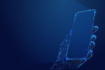 Polygonal 3d hand with phone in dark blue background. Online service, shop, web, app concept. Abstract vector illustration of online service.