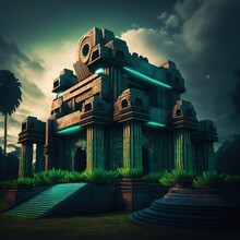 Indigenous Precolumbian Temple With Green Neon Beams In Outer Space