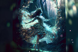 colorful magical dancing fairy in enchanted fantasy forest