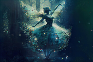 Wall Mural - colorful magical dancing fairy in enchanted fantasy forest