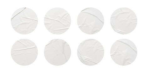 Poster - White stickers mockup. Blank labels of different shapes, circle wrinkled paper emblems. Copy space. Stickers or patches for preview tags, labels
