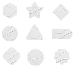 Poster - White stickers mockup. Blank labels of different shapes, circle wrinkled paper emblems. Copy space. Stickers or patches for preview tags, labels