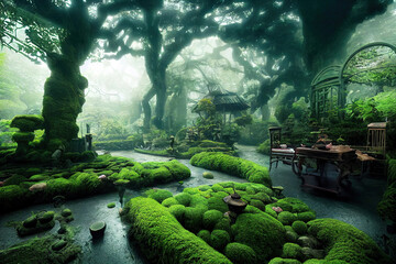 Wall Mural - fantasy magical japanese garden with pond and trees, volumetric lights, misty environment as landscape background wallpaper