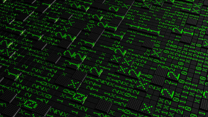Wall Mural - background with surface of squares and code. motion. computer surface with squares and matrix code. 