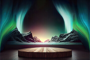 Wall Mural - wooden product display podium for luxury product advertisement, aurora borealis northern lights and 