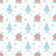 Seamless pattern with a snow-covered house, Christmas tree and snowflakes on a white background. Cute illustration for fabrics and wrapping paper in high quality in cartoon style