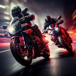 Two bikers on red motorcycles racing at the highway. Blurred motion, fast speed. Photorealistic illustration generated by Ai