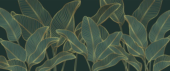 Wall Mural - Luxury tropical leaves line art background vector. Elegant hand drawn tropical foliage gold line art background. Design illustration for decoration, wall decor, wallpaper, cover, banner, poster, card.