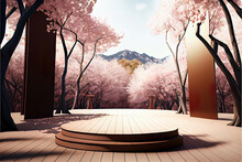 Wooden Product Podium Display For Product Presentation, Beautiful Blossoming Cherry Sakura Garden In The Background