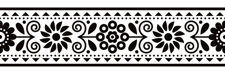 Floral folk art vector seamless embroidery band or belt pattern inspired by traditional designs Lachy Sadeckie from Poland - black and white textile or fabric print ornament
	