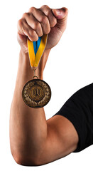 Man's hand is holding gold medal on the isolated background. Winner in a competition.