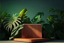 Wooden Product Display Podium For Luxury Product Advertisement, Lush Jungle Environment In The Background