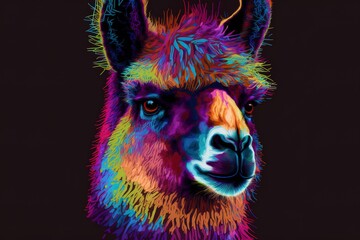 Wall Mural - Llama and Alpaca portrait An abstract, multicolored, hand-drawn picture of an alpaca llama on a deep purple backdrop.