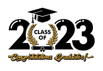 2023 class graduate header. The concept of decorate congratulation with  laurel wreath for school graduates. Design for t-shirt, flyer, invitation, greeting card. Illustration, vector