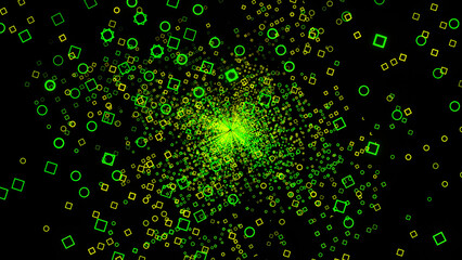 Wall Mural - rotating squared matrix field on a black background. design. green squared silhouettes spinning with