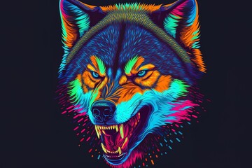 wolf Pop art depiction of a wolf's head in bright colors on a dark blue backdrop. 