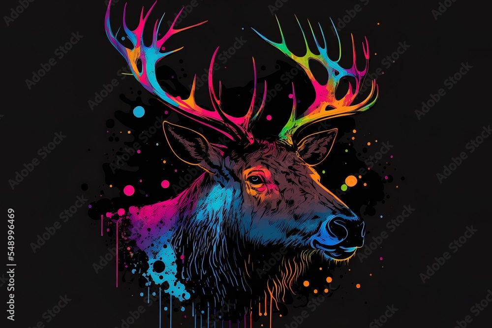 elk in neon colors and an abstract design set against a black backdrop ...