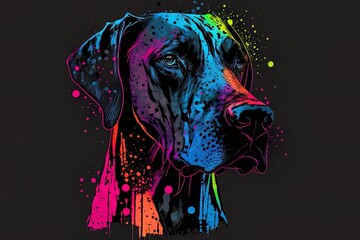 Wall Mural - great dane in neon colors and an abstract design set against a black backdrop and executed in the pop art style with splashes of watercolor. 