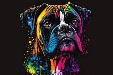 Wall Mural - boxer dog is painted in bright neon colors on a black backdrop in a pop art style with watercolor splatters. 