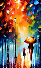 Woman With Umbrella In Park, Palette Knife Oil Style Digital Painting, Colorful Large Brush Strokes, Trendy Fashion Print