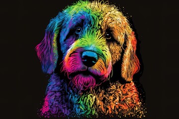 Wall Mural - Goldendoodle picture in pop art style with splashes of watercolor, in neon colors on a black backdrop.