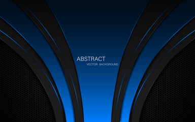 Abstract black and blue curves overlaid on dark steel mesh background with free space for design.
